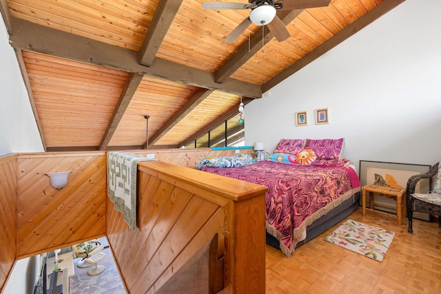 bedroom featuring lofted ceiling with beams, wood ceiling, and a ceiling fan