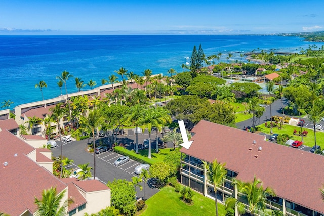 aerial view with a water view and a residential view