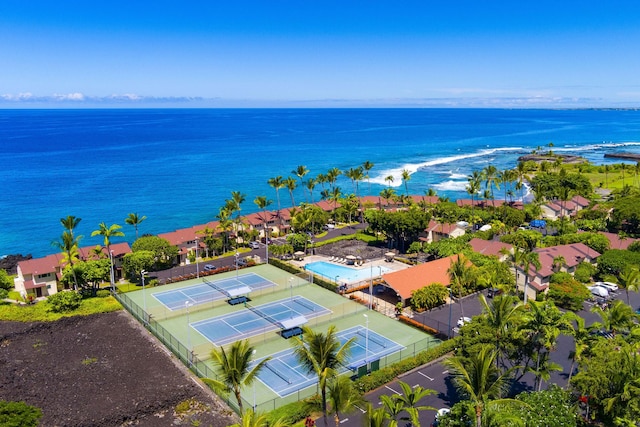 bird's eye view featuring a water view and a residential view