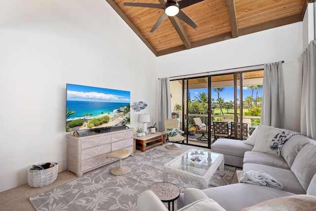 living room featuring carpet, a ceiling fan, high vaulted ceiling, wooden ceiling, and beamed ceiling