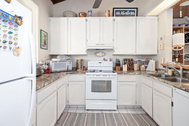 kitchen featuring under cabinet range hood, white appliances, a sink, white cabinetry, and a ceiling fan