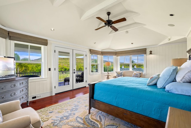 bedroom with french doors, lofted ceiling with beams, ceiling fan, access to exterior, and dark hardwood / wood-style flooring