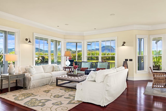 living room featuring ornamental molding, plenty of natural light, and dark wood-type flooring