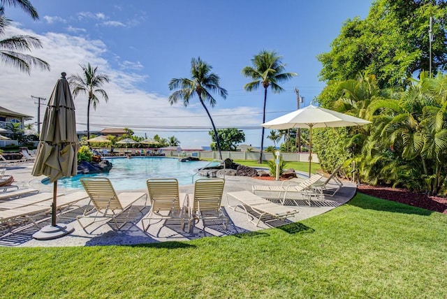 pool with a yard and a patio area