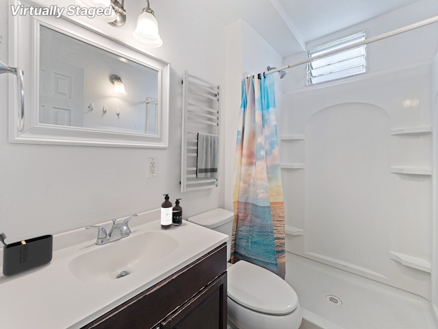 bathroom featuring vanity, toilet, and a shower with shower curtain