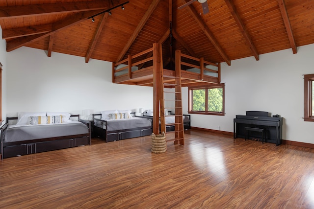 bedroom with beamed ceiling, wood ceiling, dark hardwood / wood-style floors, and high vaulted ceiling