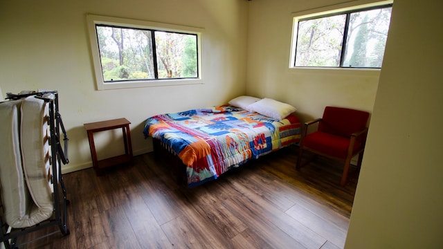 bedroom with multiple windows and dark hardwood / wood-style floors