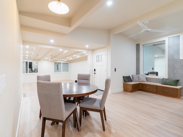 3510 Mokihana Rd, Hanapepe, HI 96716 - dining area with light hardwood / wood-style flooring, lofted ceiling with beams, and ceiling fan