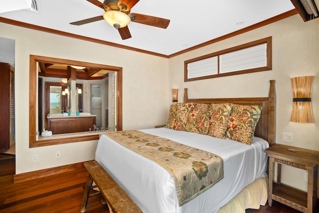 bedroom featuring ceiling fan, crown molding, and dark wood-type flooring