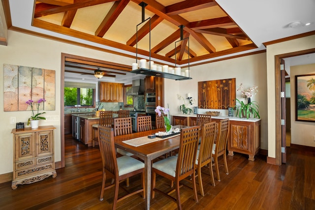 dining area with ceiling fan, dark wood-type flooring, and lofted ceiling with beams