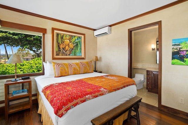 bedroom with crown molding, dark hardwood / wood-style floors, and a wall mounted air conditioner