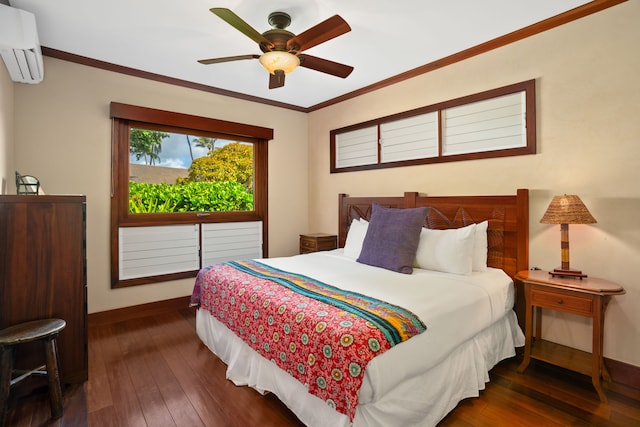 bedroom featuring ceiling fan, crown molding, a wall mounted AC, and dark hardwood / wood-style flooring