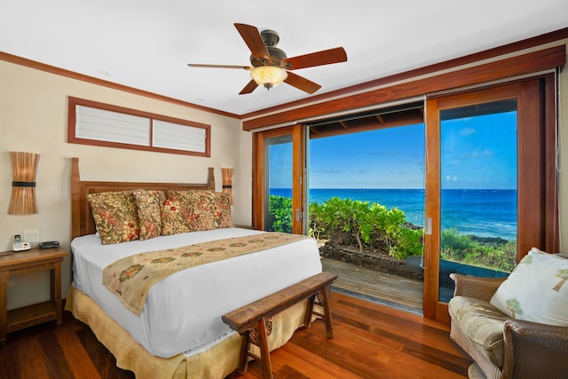 bedroom with crown molding, a water view, dark hardwood / wood-style flooring, access to exterior, and ceiling fan