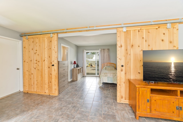 living room with a barn door