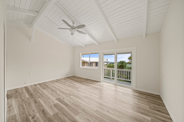 unfurnished room featuring light wood-type flooring, ceiling fan, lofted ceiling with beams, and wooden ceiling