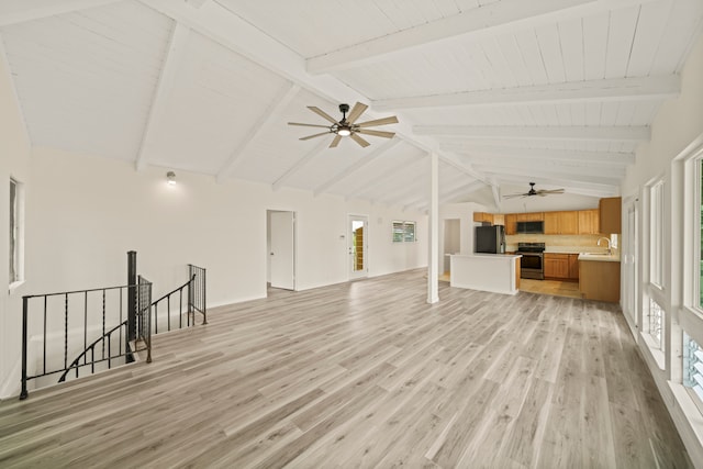 unfurnished living room with lofted ceiling with beams, light hardwood / wood-style flooring, wood ceiling, sink, and ceiling fan