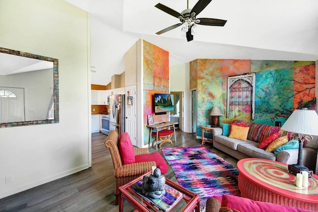 living area featuring a ceiling fan, high vaulted ceiling, baseboards, and wood finished floors