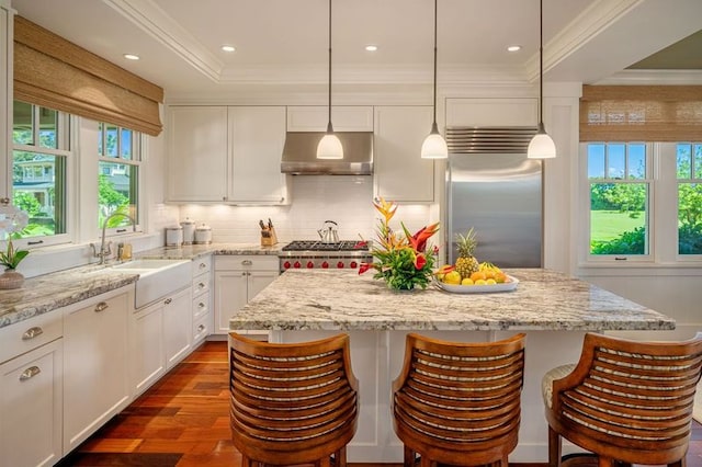 kitchen with hardwood / wood-style flooring, wall chimney exhaust hood, stainless steel built in fridge, sink, and stove