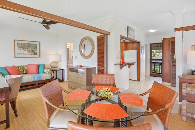 dining room with crown molding, ceiling fan, and light hardwood / wood-style floors