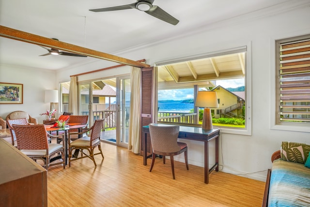 dining space featuring beamed ceiling, light hardwood / wood-style flooring, ornamental molding, ceiling fan, and a water view