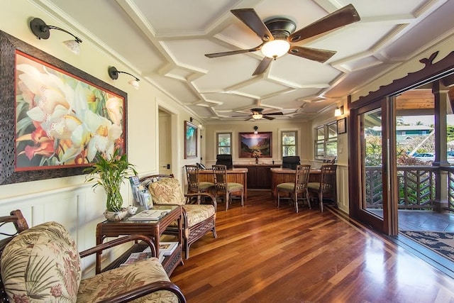 interior space with dark wood-type flooring, coffered ceiling, and ceiling fan