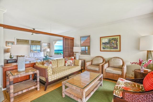 living room with wood-type flooring and ornamental molding