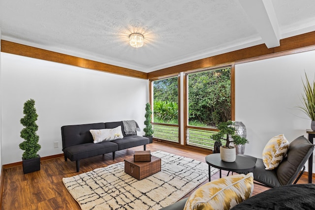 living room featuring beamed ceiling, dark hardwood / wood-style floors, and a textured ceiling