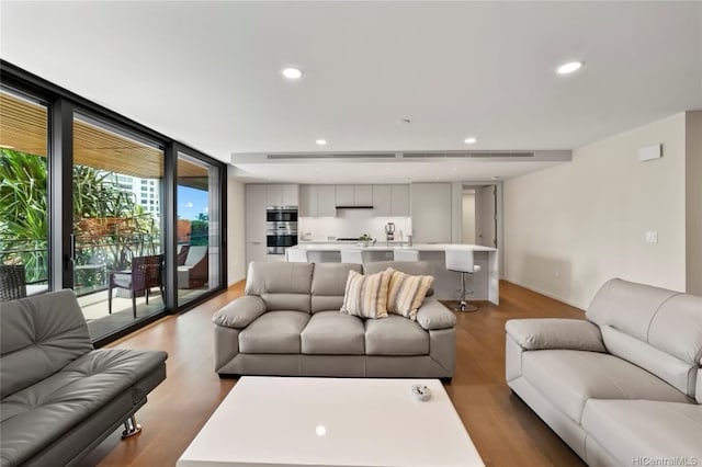 living room featuring floor to ceiling windows and hardwood / wood-style floors