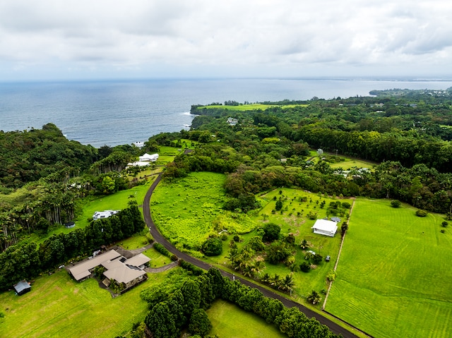 birds eye view of property featuring a water view and a rural view