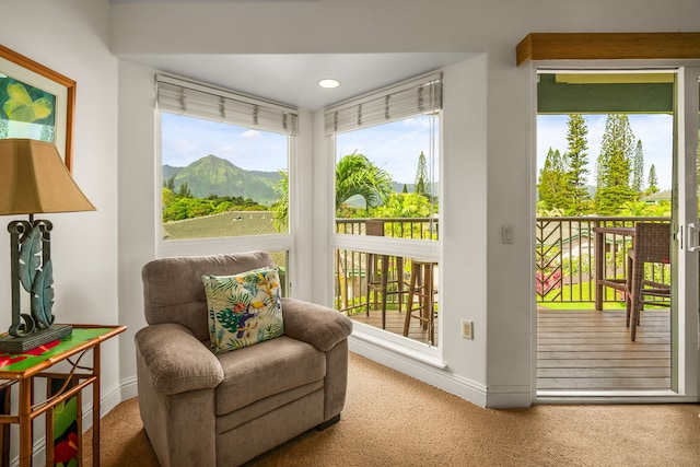 sitting room with a mountain view and carpet floors