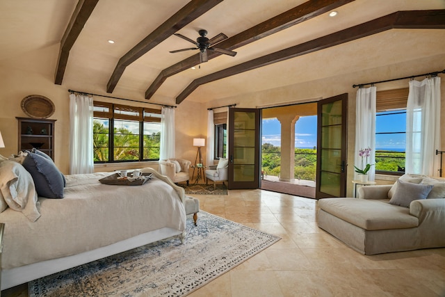 bedroom with access to exterior, ceiling fan, light tile patterned floors, and lofted ceiling with beams