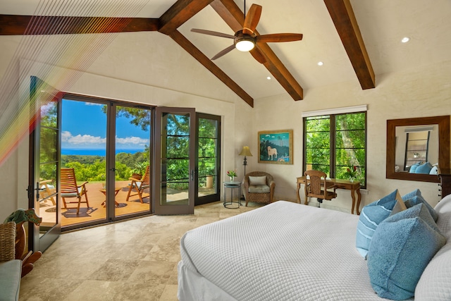 bedroom featuring beamed ceiling, french doors, access to outside, high vaulted ceiling, and ceiling fan