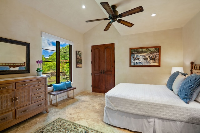 bedroom with recessed lighting, lofted ceiling, and a ceiling fan