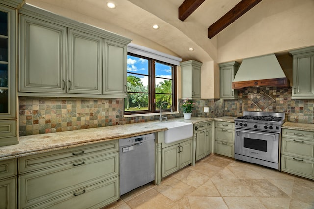 kitchen featuring premium range hood, stainless steel appliances, decorative backsplash, and vaulted ceiling with beams