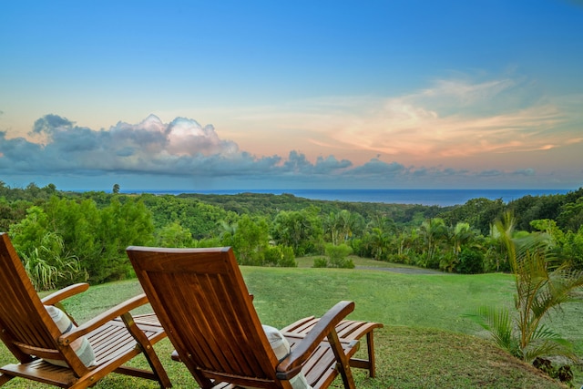 yard at dusk with a view of trees and a water view