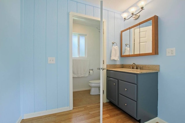 bathroom with vanity, toilet, and hardwood / wood-style flooring