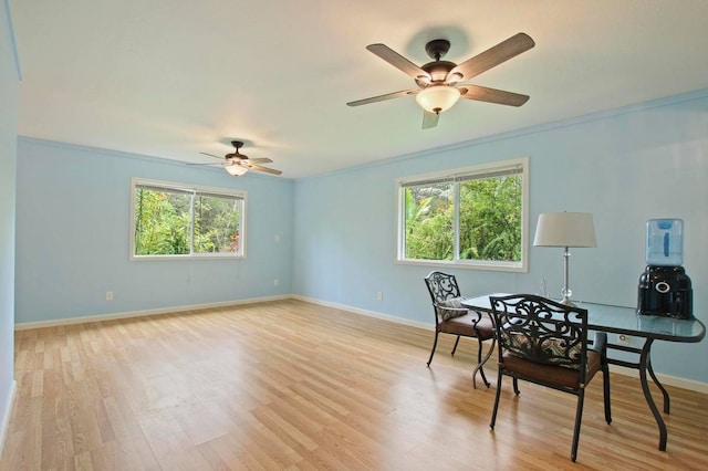 dining room featuring plenty of natural light, ceiling fan, ornamental molding, and light hardwood / wood-style floors