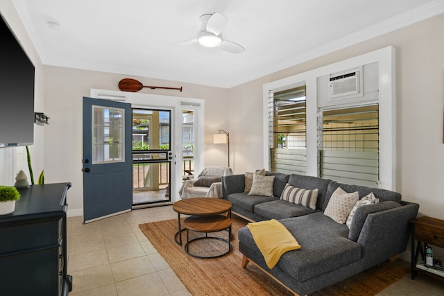 living room featuring ceiling fan, light tile patterned flooring, and a wall mounted air conditioner