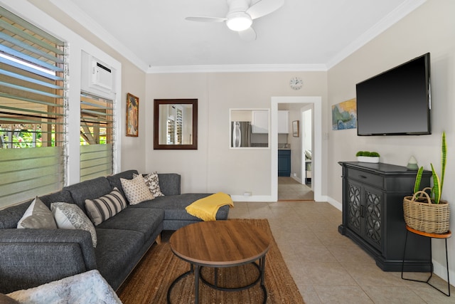 living room with ceiling fan, light tile patterned flooring, and ornamental molding