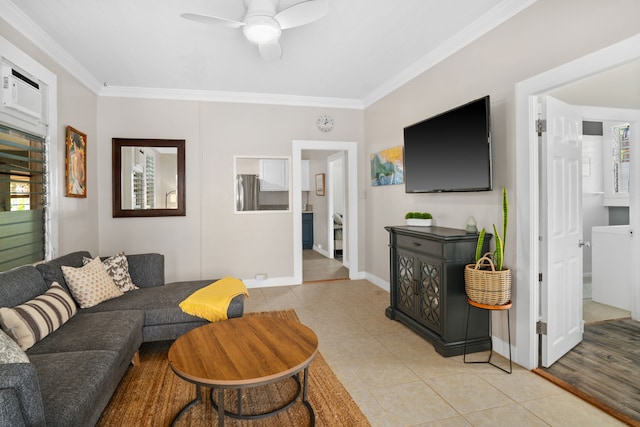 tiled living room featuring ceiling fan and ornamental molding