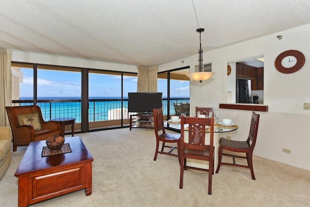 carpeted dining area featuring a textured ceiling