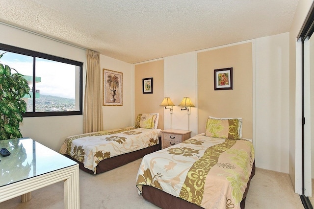 bedroom with light carpet, a textured ceiling, and a closet