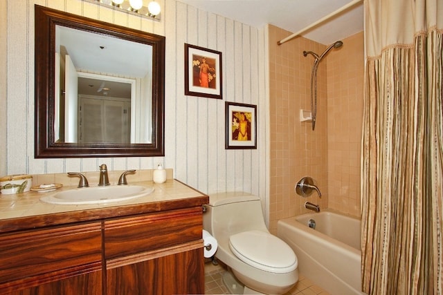 full bathroom with tile patterned flooring, vanity, shower / tub combo, and toilet