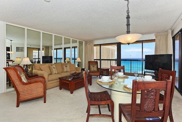 carpeted living room featuring a textured ceiling