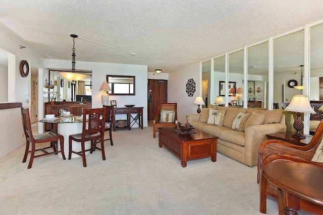 living room featuring a textured ceiling and light carpet