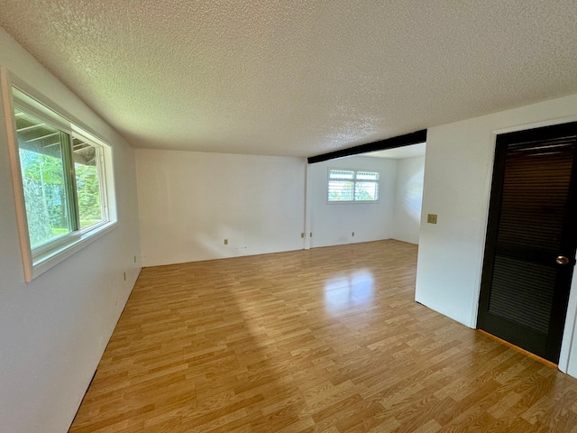 empty room with a textured ceiling, a healthy amount of sunlight, and light hardwood / wood-style floors