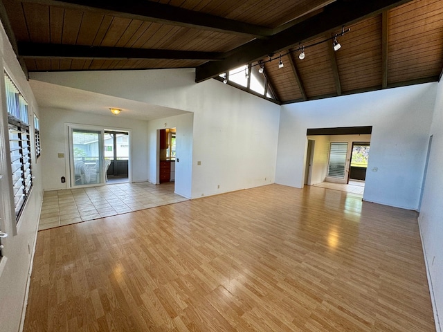 unfurnished living room featuring light wood-type flooring, beam ceiling, high vaulted ceiling, and wooden ceiling