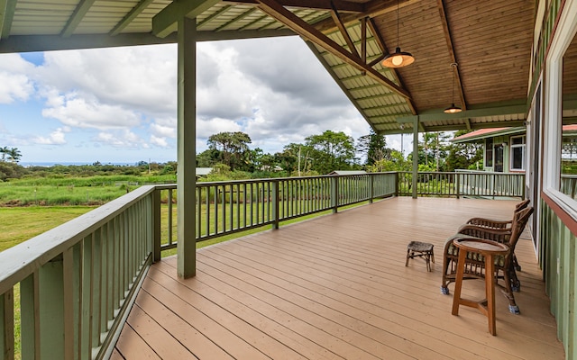 wooden deck featuring a lawn