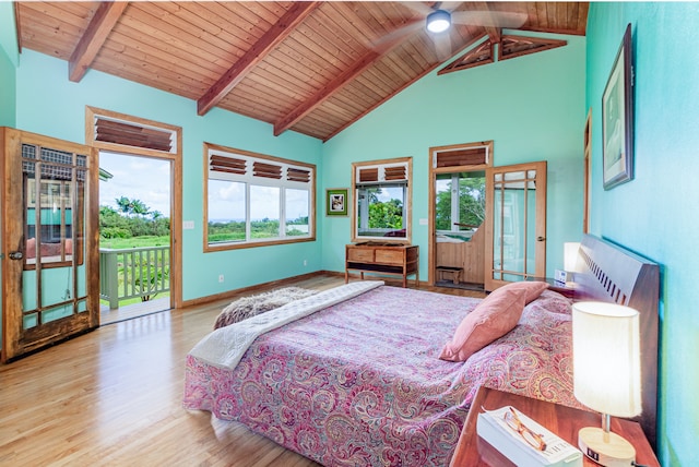 bedroom with access to outside, multiple windows, light wood-type flooring, and beamed ceiling