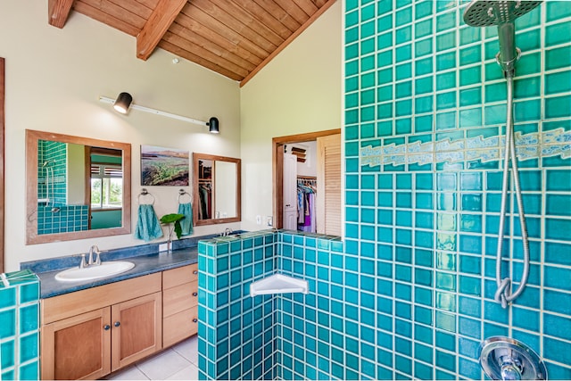 bathroom with vanity, walk in shower, vaulted ceiling with beams, and wooden ceiling